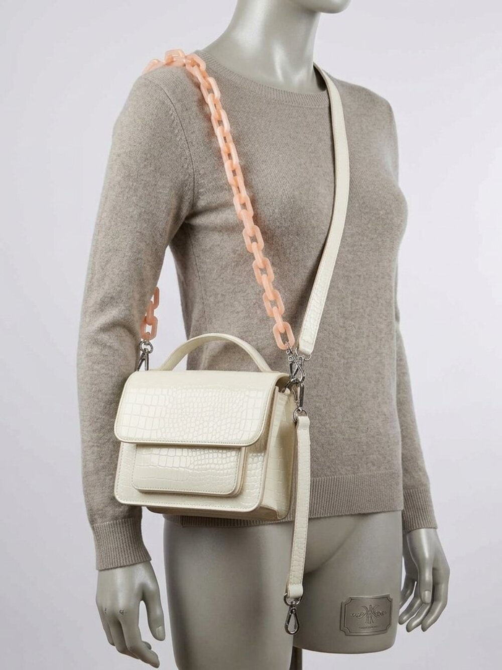 HVISK Cream Croc Shoulder Bag w/ Peach Chain